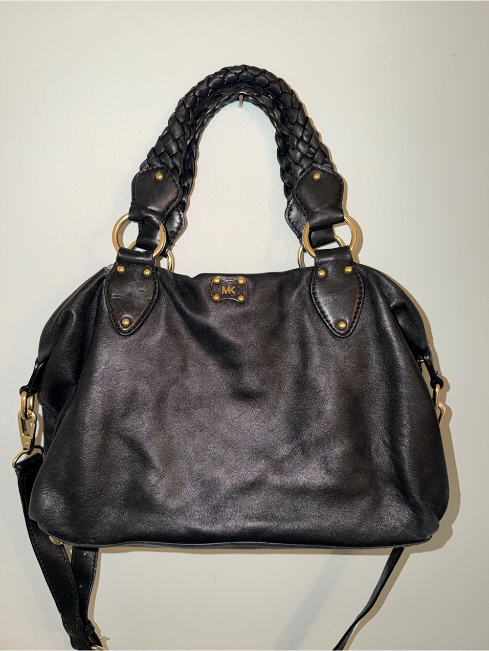 Vintage Michael Kors Black Leather Braided-Handle Shoulder Satchel